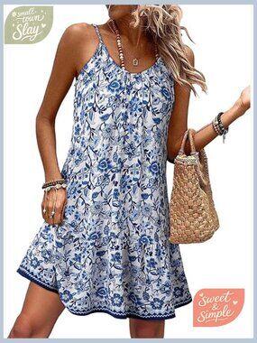 Spaghetti Strap V Neck Smocked Ruffle Flowy Boho Summer Dress